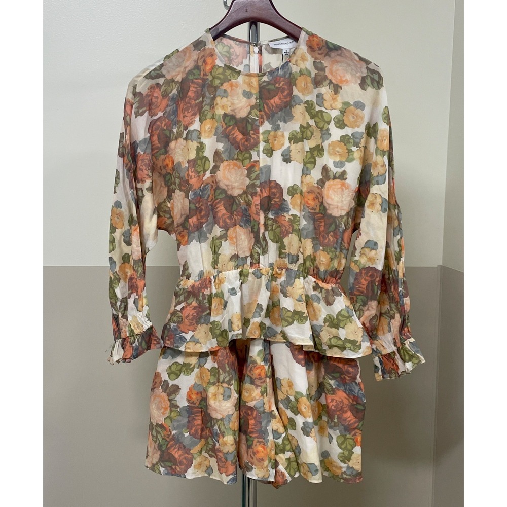 NWT Something Navy Printed Rose Ruffle Romper Long Sleeve Lined Women's 2 $160